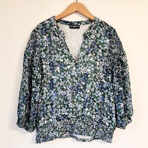 Karl Lagerfeld Paris Womens Smocked Floral Top Blouse Sz L Chic Boho Cottage Cor